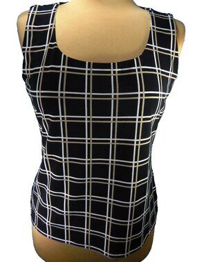 Calvin Klein Taupe & White on Black Scoop Neck Sleeveless Career Top Size Lg EUC